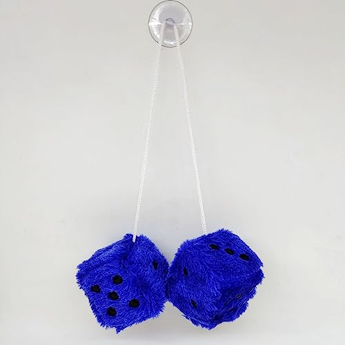 Image of 2.36'' Retro Fuzzy Plush Dice Car Charm Square Plush Dice Rear View Mirror Hanging Ornament, Royal Blue