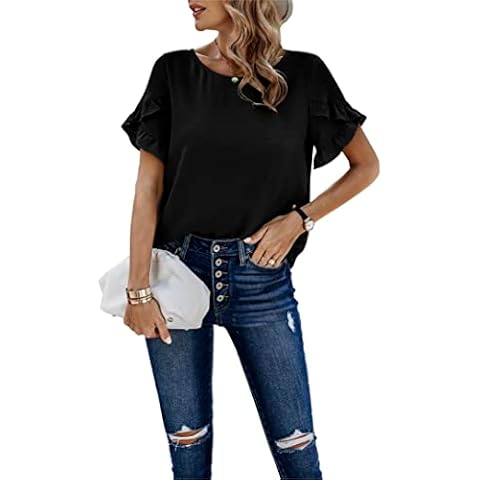 Famulily Women's Ruffle Sleeve Tops Summer Crew Neck Chiffon Shirts Cute Solid Tunic Blouse Black L Cover
