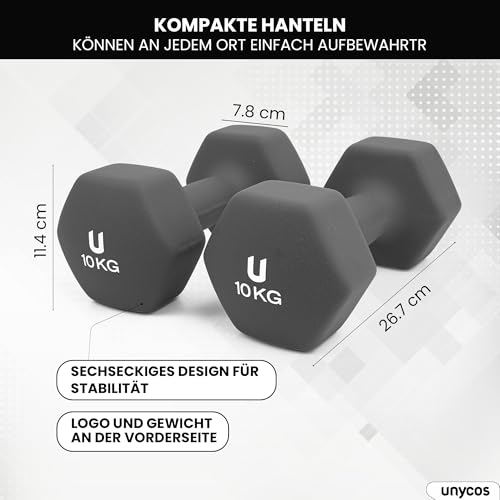 Neopren Hantelset 10 kg Unycos – Rutschfeste Hexagon Kurzhanteln