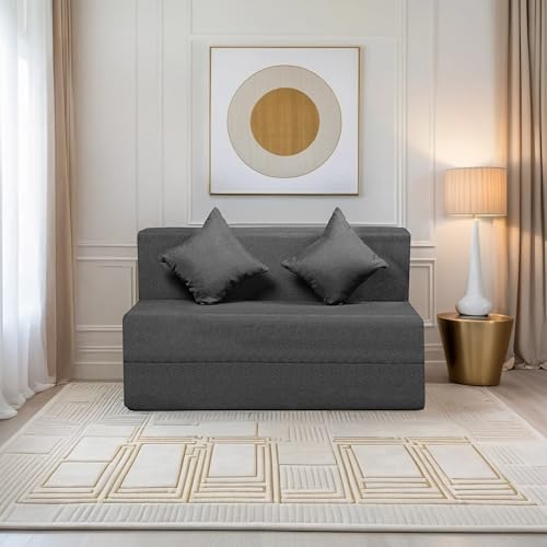 Image of Amazon Brand - Solimo 2 Seater 4 * 6 Jute Fabric Washable Cover Sofa Cum Bed with 2 Cushion 2 Seater Double Foam Fold Out Sofa Cum Bed (Finish Color - Grey Delivery Condition - Pre-Assembled)