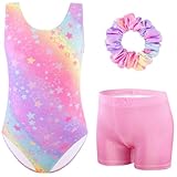 XiaoMoSha Gymnastikanzug für Mädchen, mit Shorts und Haargummi, glitzerndes Ballett-Tanz-Set, Biketard-Outfit für Kinder von 3–12 Jahren, bunt, 150(9-10Y)