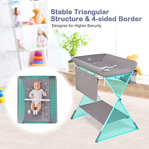 Baby Joy Baby Changing Table, Height Adjustable 4 In 1 Folding Diaper Station W/Detachable Wheels, Safety Belt, Storage Rack & Bag, Waterproof Pad, Portable Nursery Organizer For Infant Newborn, Gray #TOP7