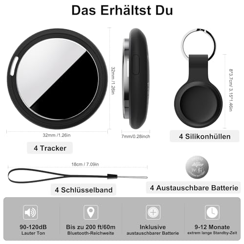 Bnlei Smart Air Tracker Tag kompatibel mit Apple Wo ist? (nur iOS), Inklusive Ersatzbatterie, Smart Tracker Tag Key Finder für Schlüssel, Fahrrad, Wallet, Koffer, Hunde, Katzen (Schwarz, 4-Pack)