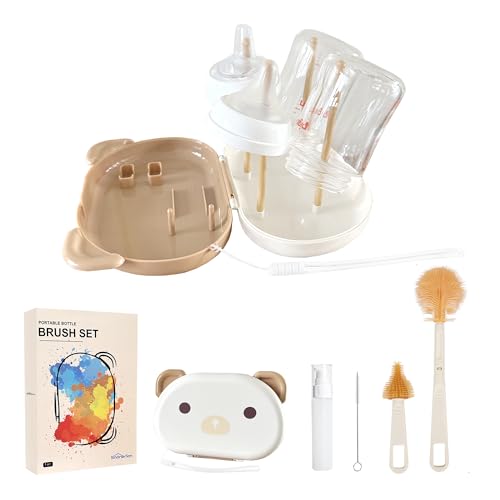 Image of Baby Bottle Brush, 6 in 1 Travel Bottle Cleaner Kit with Silicone Bottle Brush, Nipple Brush, Straw Brush, Soap Dispenser, Bottle Drying Rack, Baby Essentials for Home and Travel-Yellow