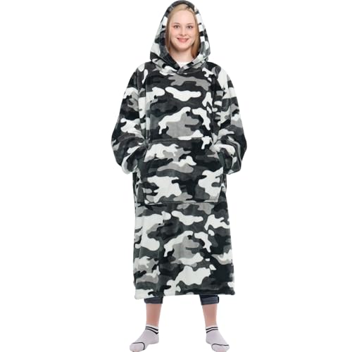 Image of Waitu Wearable Blanket Sweatshirt Gifts for Women and Men, Warm and Cozy Giant Blanket Hoodie, Thick Flannel Blanket with Sleeves and Giant Pocket - Camo