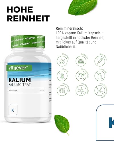 vit4ever Kalium - 365 Kapseln mit 800 mg elementarem Kalium (aus Kaliumcitrat) pro Tagesdosis - vegan, hochdosiert, ohne Zusätze