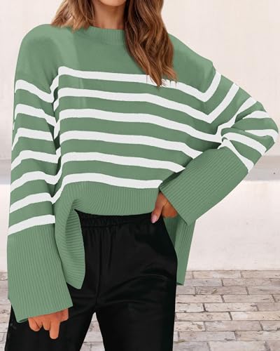 Image of KIRUNDO Women's Striped Knit Oversized Fall Sweaters 2026 Trendy Clothes Crewneck Winter Pullover Sweater Side Split