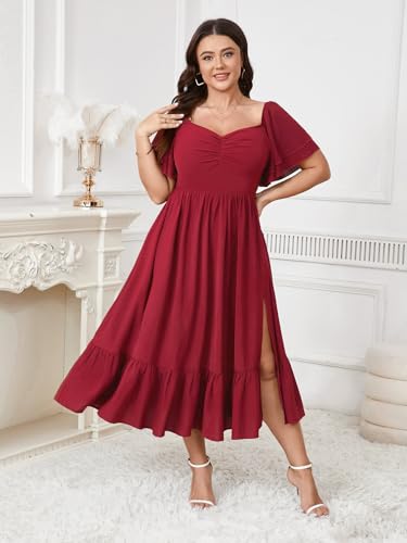 Image of SCOMCHIC Womens Plus Size Wedding Guest Cocktail Dresses Sweetheart Neckline Short Sleeve Smocked Ruffle Slit Maxi Dress