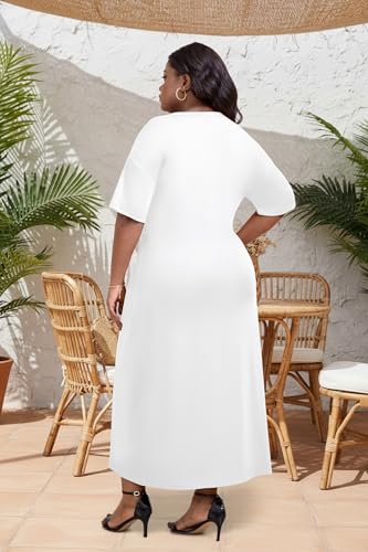 Image of Runwind Plus Size T Shirt Maxi Dress for Women Short Sleeve V Neck Casual Long Dresses with Pockets