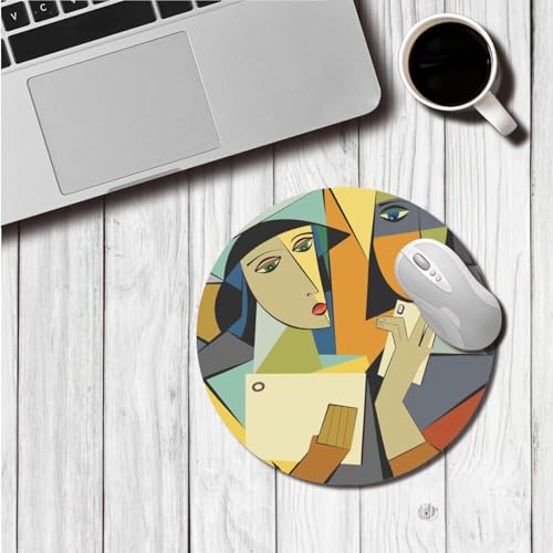 Pablo Picasso-Style Oil Painting Design 2pcs Laptop Bag Round Mouse Pad - PU Computer Bags for Laptops for Women - Modern Figure Mobile Print Lap Top Bag with Handle - Office Bag 15Inches2