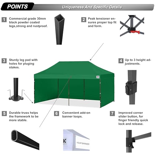 Image of ABCCANOPY Heavy Duty Easy Pop up Canopy Tent with Sidewalls 10x20, Forest Green