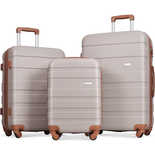 Lightweight and Durable Hardshell Luggage Set, 3-Piece Spinner Suitcases for Travel, 20'' 24'' 28'', Light Brown