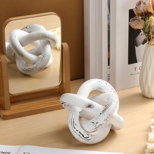 Image of Yalikop 3 Link Wood Knot Decor Rustic Home Decor Accents Hand Carved Coffee Table Decoration, Boho Chain Link Decoration, Modern Shelf, Rustic Objects for Home Living Room Bedroom(Retro White)