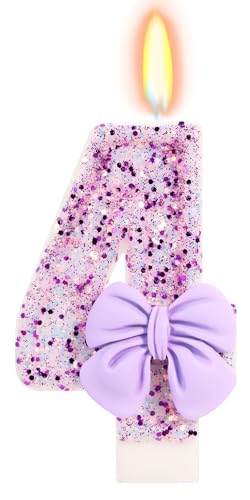 ElekFX Birthday Candle for Cake, 4 Candle - Purple Glitter with Bowknot, 2.76 inch Cake Topper Decoration for 4 Years Old Birthday Party (Number 4)