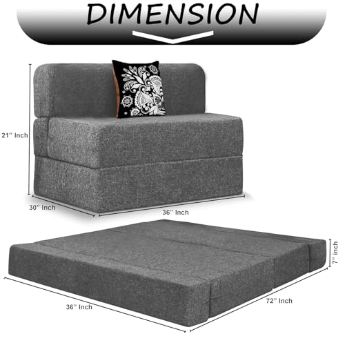 Image of Rosebell 1-Seater Sofa Cum Bed with One Printed Cushion - Space-Saving Convertible Sofa for Living Room & Office, Guest Room - Grey Color