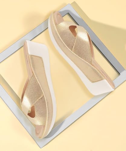 Image of Action Women's Platform Sandals|Block Heel| Cross-Strap Design with Ankle Strap Golden