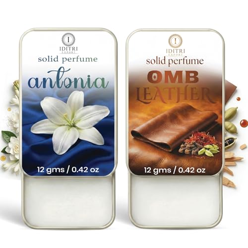 Image of Solid Perfume |OMB leather&Antonia Alcohol Free Wax Perfume Balm, Long Lasting | Pocket Tin 12g, Pack Of 2| Non Greasy Smooth Glide, Travel Friendly Unisex Gifts He Or Her