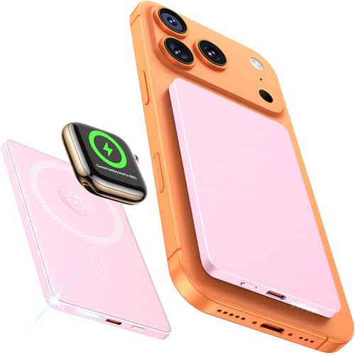 Image of 3-in-1 5000mAh for Magsafe Power Bank Thin Slim 22.5W Fast Charging Type C Magnetic Battery Pack Powerbank for Travel, Mini Wireless Portable Charger for iPhone 17 16 15 14 13 12 Watch Android, Pink