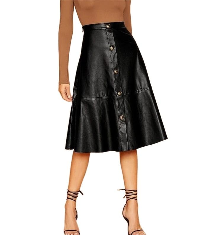 janak 'n' masaaya Mid Length Faux Leather A-Line Skirt, Black-picture-15