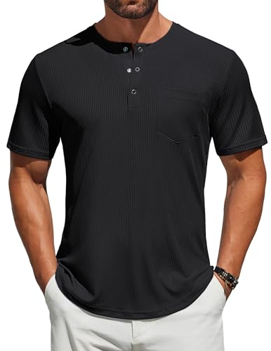 COOFANDY Mens Henley Shirts Short Sleeve Tshirt Basic Button Tees Summer Ribbed Pocket T Shirt Casual Stretch Tops