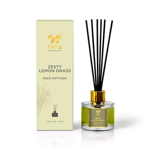 Image of IRIS Aroma Reed Diffuser - 100ml | Elegant Home Fragrance with 6 Fiber Reeds, Glass Round Bottle with Gold Cap | Aroma Diffuser for Cozy Decor & Gifting (Zesty Lemongrass)