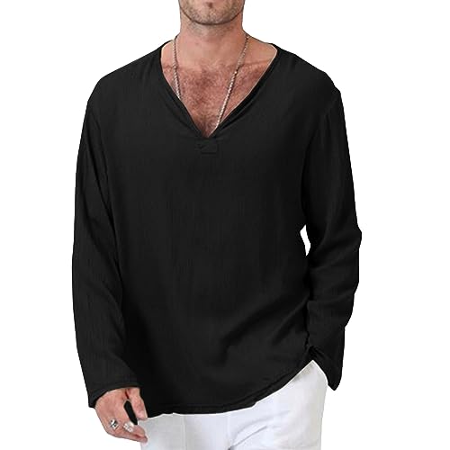 Maiyifu-GJ Men's Casual V-Neck Long Sleeve Shirt Solid Color Fashion Sweatshirt Athletic Flax Shirt