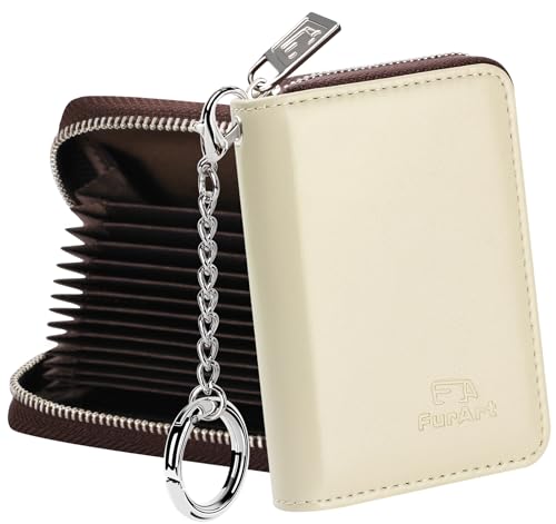 Image of FurArt Zipper Wallet Women, RFID Blocking Credit Card Wallet, Business Card Holder, Compact Size KeyChain Wallet, Oil Wax Beige, small, Classic