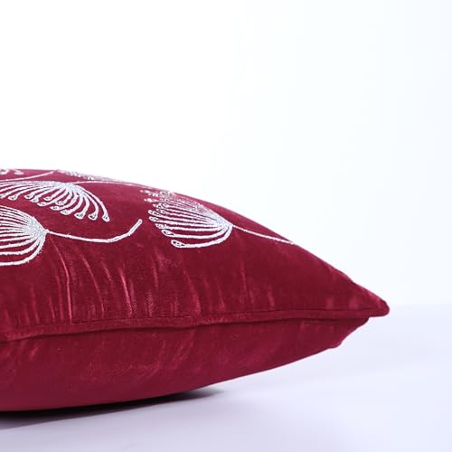 Image of Home - The Best is for You Luxurious Burgundy Velvet Cushion Covers with Embroidered Abstract Dandelion Design - Pack of 2, 16x16 Inch