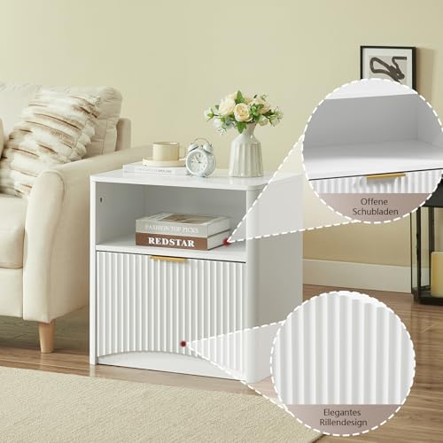 Mesita de noche blanca de 58x38x60 cm con cajón abierto y tirador dorado para dormitorio 5