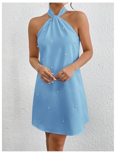 Image of Floerns Women's Pearl Beaded Halter Twist Sleeveless Tie Back Dress A Line Dress