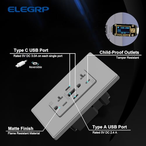 Image of ELEGRP USB Outlets, 30W 6.0 Amp USB C Outlets Receptacles, 3-Port USB Wall Outlet, 20 Amp Tamper-Resistant Outlet with 2 USB C Ports, UL Listed, Screwless Wall Plate Included, 10 Pack, Matte Grey