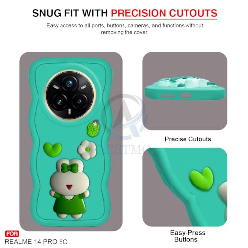 Image of AESTMO Back Case Cover for Realme 14 Pro 5G | 3D Cute Fun Cartoon Characters | Anti Slip Grip Cute Wave Curly Frame Shape | Back Cover for Realme 14 Pro 5G (Green)