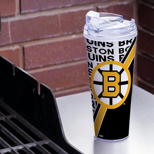 Image of Rico Industries NHL Hockey Boston Bruins Standard 24oz Acrylic Tumbler with Hinged Lid, Officially Licensed Double Wall Tumbler with Straw