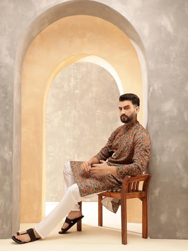 Image of SOJANYA Men's Multicolor Green Artistic Geometric Print Ethnic Wear Cotton Kurta