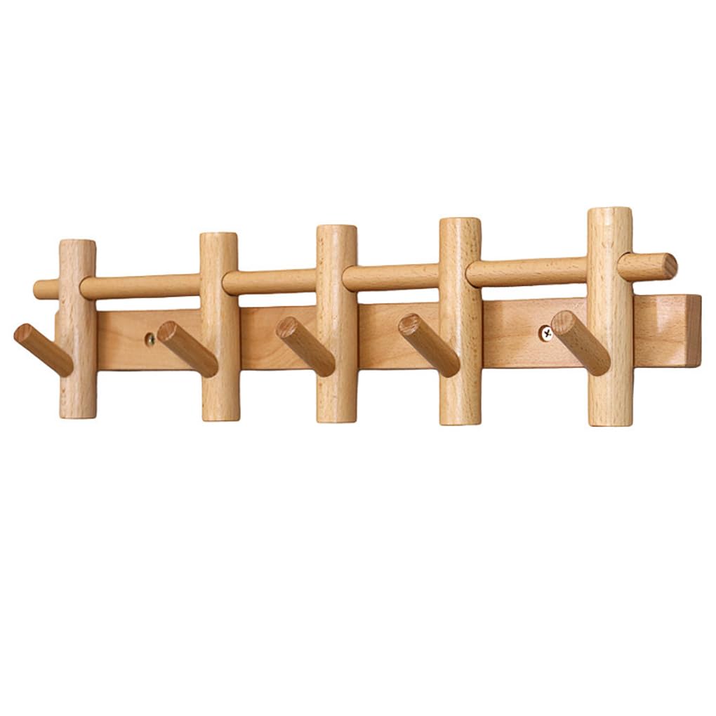Qpkz Yellow Solid Wood Sliding Coat Rack Wall Mount, Walnut Color Wooden Wall Hooks Entryway Hanging Rack Coat Hooks Rail Clothes Towel Racks With Hook For Coat, Bag, Towel 7Hook