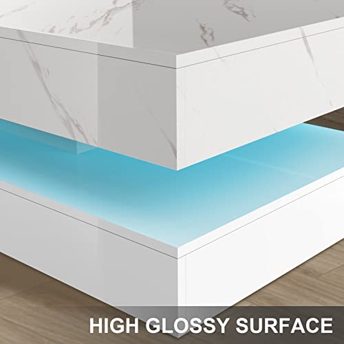 Homfamilia Led Coffee Table With 2 Storage Drawers, Modern High Gloss Black Coffee Table W/20 Colors Led Lights, 2 Tiers Rectangle Center Table For Living Room With Marbling Print, App Control(White) #TOP3