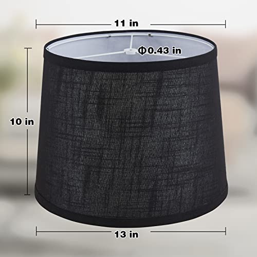 Black Bedside Lamp Shades Set of 2 Replacement, Fabric Medium Lampshades 13" Top x 11" Bottom x 10" High, Drum Shades, Harp Holder Included