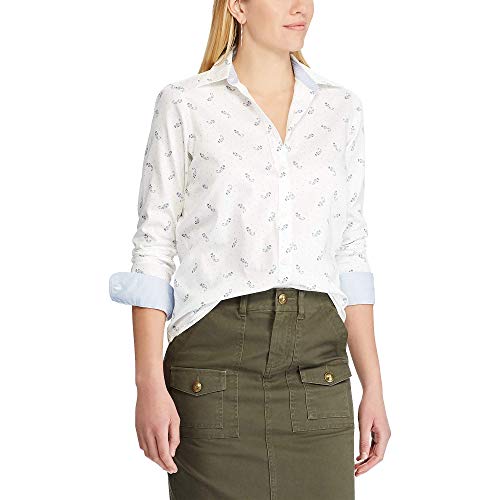 Chaps Women's Petite Long Sleeve Non Iron Cotton Sateen-Shirt, Pearl/Blue, PXS