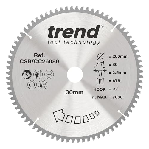Trend Wood Mitre Saw Blade, 260mm Diameter, 30mm Bore, 80 Teeth, 2.5mm Kerf, -5° Hook, TCT, Extra-Fine Finish, CSB/CC26080