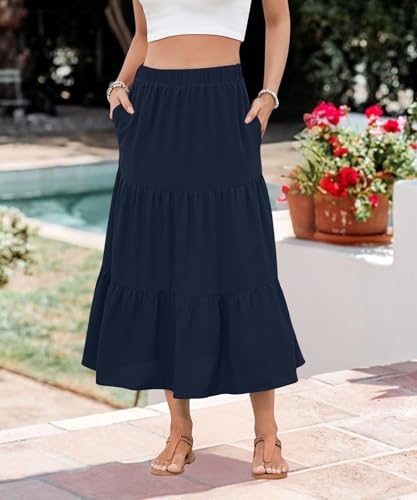 NILOUFO Women Summer Casual Maxi Skirt Fashion High Waist Elastic Tiered Pleated Beach Skirts with Pockets(Navy Blue, Large)3