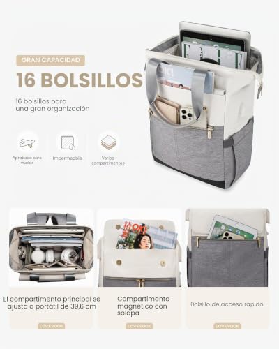 Miniatura 4 de Lovevook Mochila Señoras Pequeña, Daypacks Bolso 2 En 1, Mochila Escolar Portátil Impermeable, Mochila De Trabajo 15.6 Pulgadas Para Profesor Vacaciones Universidad Oficina, Gris