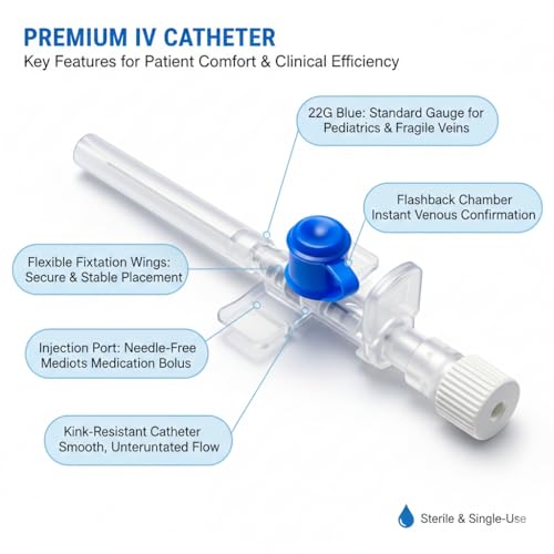 Image of Fidelis Healthcare IV Cannula with Injection Port & Wings | Sterile Disposable IV Catheter | Latex-Free Smooth Flow Intravenous Cannula for Hospital, ICU & Clinical Use