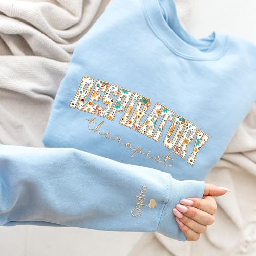 UrbanNEST Custom Respiratory Therapist Embroidered Sweatshirt, Personalized Respiratory Therapist Floral Applique Shirt, Custom Name on Sleeve With Heart, Gifts For RT, RT Sweater4