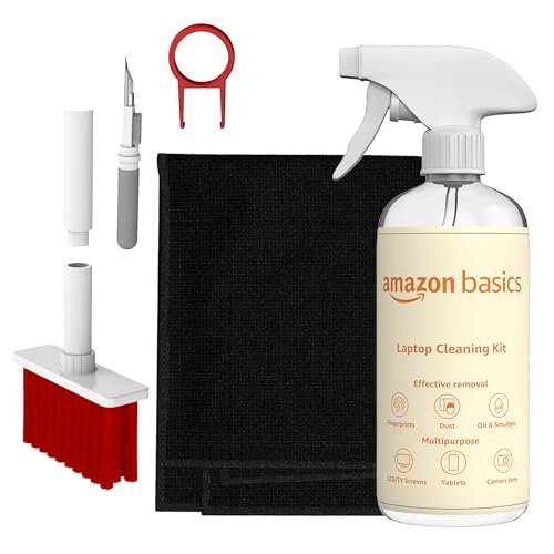 Image of Amazon Basics 5-in-1 Professional Cleaning Kit for AirPods, Keyboard, Lens, Binocular, Laptop, TV, Monitor, Smartphone, Tablet | Includes Microfibre Cloth & 500 ml Cleaning Liquid