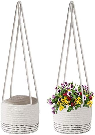 Flexzion Hanging Plant Basket (2 Pack) Cotton Rope Basket Indoor Planter Hanger (up to 7 Inch Flower Pot) Macrame Woven Organizer Bin Home Decor Storage Organizer 20" Hanging Rope, White
