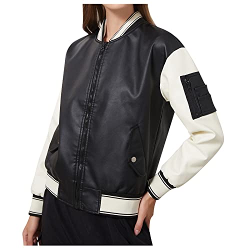 Veste de baseball surdimensionnée en similicuir noir coupe ample pour femme avec poches