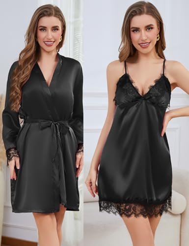 Womens Silk Lingerie Robe Nightgown 2 Piece Pajamas Set Sexy Lace V Neck Cami Satin Sleepwear - Image 5