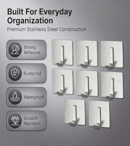 Image of Enclave Heavy Duty Adhesive Hooks, Stick on Wall Adhesive Hangers, Strong Stainless Steel Holder, Self Adhesive Hooks for Kitchen Bathroom Home Door Towel Coat Key Robe. (J Shape Silver, Pack of 4)