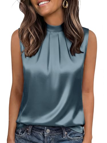 Image of Funlingo Women's Silk Satin Tank Tops Mock Neck Camisole Dressy Sleeveless Blouse Business Casual Pleated Summer Shirts 2026