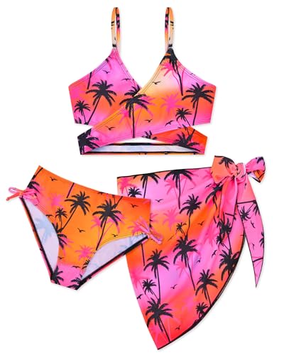 Image of PASHOP Girls' Swimsuit Set - Pink Palm Tree Bikini with Cover Up Skirt - Modern High Rise Hipster Bralette - Regular Fit - Machine Wash - Girls, Children, Young Adults